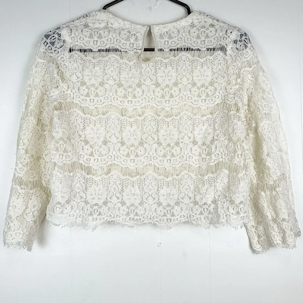Free People Blouse Top Ivory Romantic Cropped Lace Fairycore Cottagecore, Medium